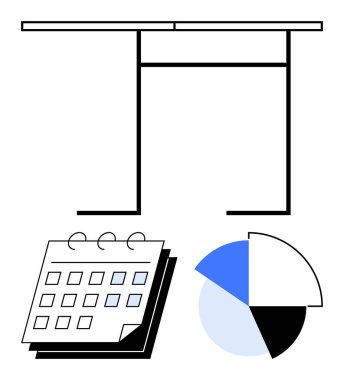 Ofis masası, açık takvim ve pasta tablosu organizasyon, planlama, zaman yönetimi, veri analizi, programlama, verimlilik görev öncelikleri. Kurumsal görevler için ideal takım çalışması