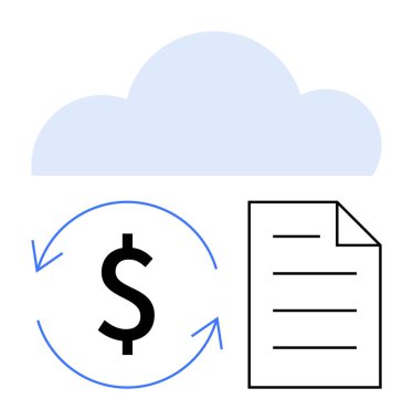 Kağıt kağıdın yanındaki oklarda dolar işaretinin üzerindeki bulut anahatları. Finans, bütçe, işlemler, bulut depolama, otomasyon, dijital varlıklar, sürdürülebilirlik için ideal. Düz basit