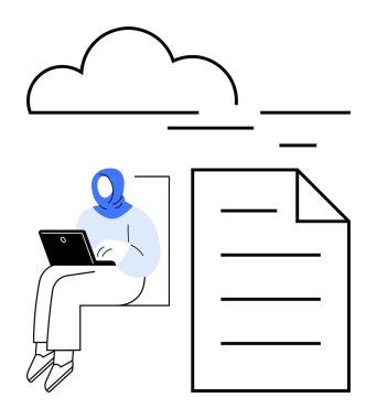 Dizüstü bilgisayarda yazan kadın, büyük bir belge ve bulut çizimi. Uzaktan çalışma, bulut depolama, dijital işbirliği, eğitim, e-öğrenme içerik yaratma verimliliği için ideal. Düz basit