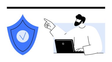 Masasında dizüstü bilgisayarı olan bir adam işaretli mavi bir kalkana doğru hareket ediyor. Güvenlik, gizlilik, veri koruması, kullanıcı kimlik denetimi, çevrimiçi güven, siber güvenlik ve basit bir iniş sayfası için ideal