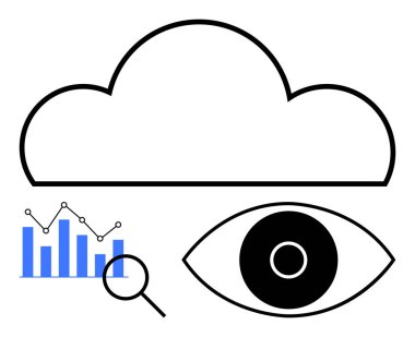 Üzerinde büyüteç ve göz ikonu olan bulut grafiği. Veri analizi, bulut hesaplama, gözlem, araştırma, teknoloji, güvenlik ve basit bir iniş sayfası için ideal