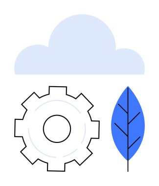 Teçhizat ve yaprağın üzerinde bulut, ekosistemi temsil eden, çevre, yenilik, sürdürülebilirlik, yeşil teknoloji, enerji verimliliği. Bulut hesaplama ve temiz enerji mühendisliği için ideal
