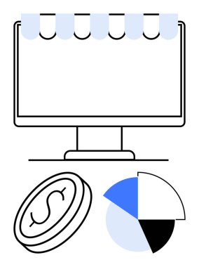 Depo önü tepe örtüsü, bozuk para ve pasta grafiği olan bilgisayar monitörü. E-ticaret, pazarlama, finans, analitik, dijital iş çevrimiçi alışveriş ve strateji için ideal. Düz basit metafor
