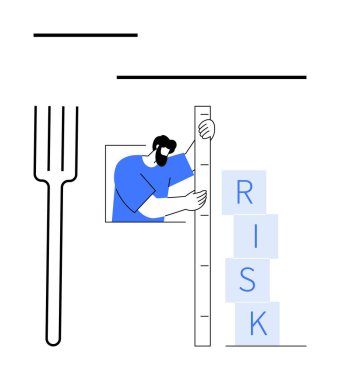 Mavi giyen biri cetvel tutarken eğiliyor ve bloklardan oluşan risk yığınlarını ölçüyor. İş stratejisi, risk yönetimi, analiz, karar verme, yatırım, sorun çözme, basit