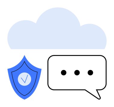 Güvenli kalkanın üzerinde bulut sembolü ve elips ile sohbet balonu. Veri güvenliği, bulut bilgisayarı, iletişim, çevrimiçi mahremiyet, siber güvenlik, teknoloji hizmetleri, basit iniş sayfası için ideal