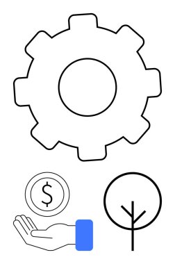 Takviye mekanizması, madeni parayı simgeleyen dolar sikkesi, büyümeyi gösteren minimum ağaç. İş, finans, çevre, sürdürülebilirlik, yatırım, yenilik için ideal basit