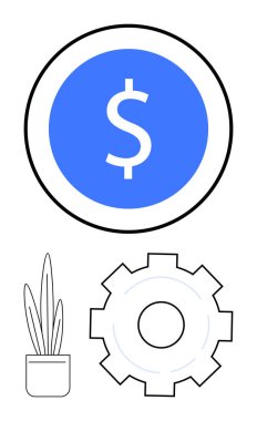 Mavi bir dairedeki dolar işareti minimalist bitki ve teçhizatla eşleştirilmiş. Finans, büyüme, teknoloji, üretkenlik, yenilik, iş stratejisi, basit iniş sayfası için ideal