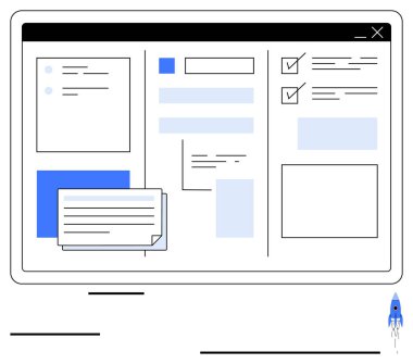 Çoklu görev ve planlama için sekmeler, notlar, kontrol listesi ve pencerelerle dijital arayüz. Üretkenlik, organizasyon, iş akışı, görev yönetimi, verimlilik geliştirme projesi izleme için ideal