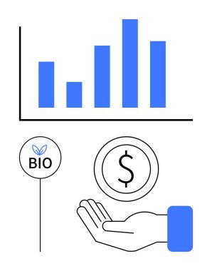 Bar tablosu büyümeyi, biyoloji rozeti çevre dostu olmayı, para sembolünü ve eli ekonomiyi temsil ediyor. İş, sürdürülebilirlik, finans, eko-markalaşma, yatırım, analitik ekonomi için ideal