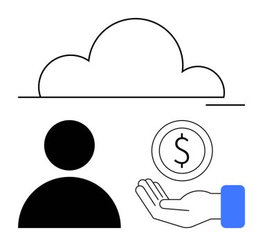 Bulut kullanıcı simgesinin üzerinde süzülüyor, dolar bozukluğunu açık elle tutuyor. Bulut teknolojisi, finans, veri paylaşımı, çevrimiçi işlemler, kullanıcı desteği, dijital ekonomi, basit iniş sayfası için ideal