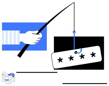 Olta oltası şifre kutusuyla el ele tutuşmak sahtekarlığı ve siber güvenlik tehditlerini sembolize ediyor. Siber güvenlik, çevrimiçi mahremiyet, dolandırıcılık önleme, bilinçlendirme kampanyaları, teknoloji güvenliği, uyarı için ideal