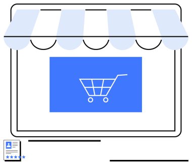Çevrimiçi alışveriş arabası, vitrindeki tentenin altında e-ticaret ve dijital piyasaya atıfta bulunuyor. Perakende, iş, pazarlama, e-ticaret, teknoloji, alışveriş girişimciliği için ideal. Düz basit