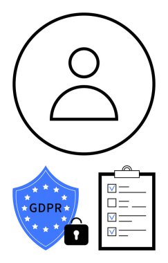 Kilitli kullanıcı simgesi, GDPR kalkanı ve veri gizliliğini, uyumu ve dijital güvenliği vurgulayan kontrol listesi. Yasal, güvenlik, teknoloji ve eğitim sektörü için ideal basit bir iniş sayfası