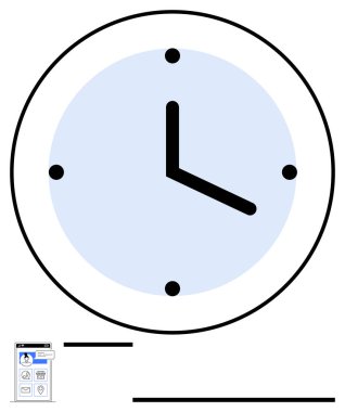 Akıllı telefon giriş ekranının yanında mavi yüzlü ve siyah elli büyük analog duvar saati. Zaman yönetimi, programlama, verimlilik, teknoloji, planlama, uygulama tasarımı ve son teslim tarihleri için ideal. Düz