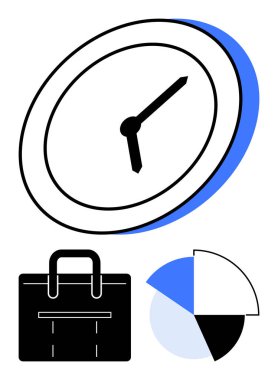 Zamanı temsil eden bir saat, çalışmayı sembolize eden bir evrak çantası ve veri veya organizasyon için segmentli bir pasta grafiği. İş, zaman yönetimi, üretkenlik, planlama, verimlilik, hedef belirleme çalışmaları için ideal