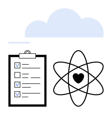 Tamamlanmış kontrol listesi, merkezinde kalp olan atom grafiği ve tepesinde bulut olan bir pano. Üretkenlik, strateji, sağlık, yenilik, bilim, organizasyon için ideal