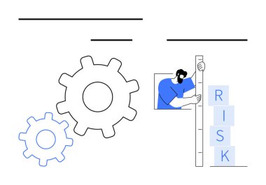 Yığılmış blokları ölçen kişi, iş akışını ve sistemleri sembolize eden büyük viteslerin yanında risk olarak etiketlenmiştir. Risk yönetimi, strateji, süreç optimizasyonu, takım çalışması, yenilik, planlama için ideal