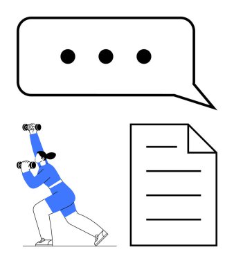 Halterin yanında dambıl kaldıran ve konuşma baloncuğu iş-yaşam dengesini, iletişimi, sağlığı, başarıyı teşvik eden kişi. İş yeri verimliliği, farkındalık, fitness, motivasyon, çoklu görev için ideal