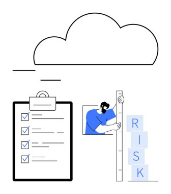 Kontrol listesi olan pano, risk bloklarını ölçen kişi, yukarıdaki bulut. Risk yönetimi, problem çözme, görev planlaması, strateji, iş çözümü, basit bir iniş sayfası yapmak için ideal