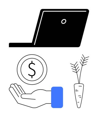 Siyah dizüstü bilgisayar, açık para ve yapraklı havuç. Teknoloji, finans, tarım, sürdürülebilirlik, çevrimiçi ticaret, eko-ticaret ve basit iniş sayfası için ideal