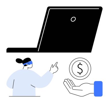 Sanal gerçeklik kulaklığı takan bir kadın elinde bozuk parayla dizüstü bilgisayarın altında el kol hareketi yapıyor. Finans, teknoloji, sanal etkileşim, VR uygulamaları, dijital ekonomi, yenilik için ideal