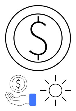 Kalın hatlı para, açık el hareketi ve parlak güneş ikonu. Finans, sürdürülebilirlik, enerji, yatırım, iyimserlik, yardım ve basit iniş sayfası için ideal