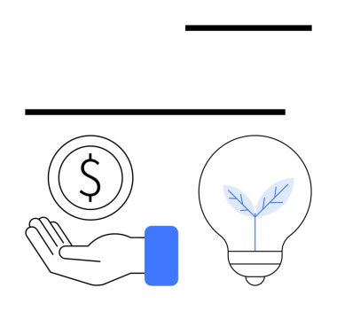 Yapraklı el yapımı bozuk para ve ampul, sürdürülebilirliği, finansmanı, ekolojik yeniliği, yeşil enerjiyi, yatırımı, çevresel büyümeyi ve temiz teknolojiyi sembolize ediyor. Finansal için ideal