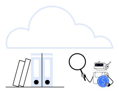 Belgelerin üstündeki bulut yapısı ve dijital güvenliği vurgulayarak dosyaları analiz eden robot. Veri yönetimi, yapay zeka, bulut depolama, finans, analitik, siber güvenlik için ideal