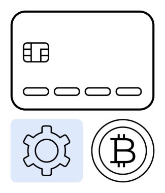 Kredi kartı, teçhizat ve Bitcoin ikonu dijital ödemeleri iletir, engelleme zinciri, fintech, e-ticaret, kripto para birimi çözümleri. Finans, teknoloji yeniliği, zincir entegrasyon bankacılığı için ideal