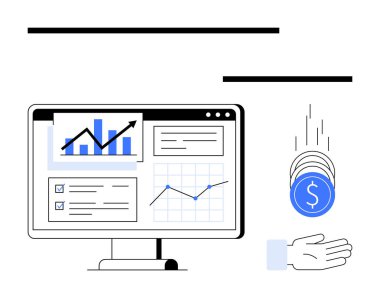 Analiz, çizelge ve büyüme eğilimlerini gösteren bilgisayar ekranı. Gelirleri simgeleyen madeni paralar ve onları yakalayan bir el. Finans, analitik, iş büyümesi, yatırımlar ve planlama için ideal