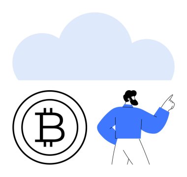 İnsan, Bitcoin madeni parasının üstündeki bir buluta doğru hareket eder, kripto para birimi, engelleme zinciri ve dijital depolamayı sembolize eder. Bulut hesaplama, finans, yenilik, güvenlik ve teknoloji yatırımı için ideal