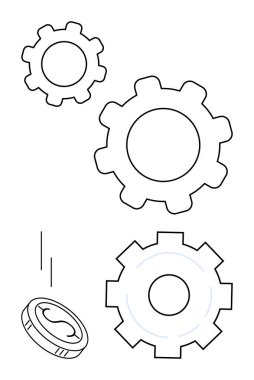Takım çalışmasını, süreci, ekonomiyi, ticareti, yeniliği, ilerlemeyi ve verimliliği sembolize eden bozuk para inişi ile hareket halindeki çeşitli boyutlardaki dişliler. İş akışı finans yönetimi kavramları için ideal