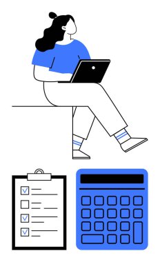 Laptop, pano kontrol listesi ve hesap makinesiyle oturan bir kadın, görevi tamamlamayı, organizasyonu, verimliliği temsil ediyor. İş, iş, eğitim, finans yönetimi için idealdir.