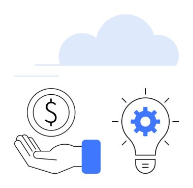 Eldeki madeni para, finansal desteği ve yatırımı simgeliyor. Fikirler ve bulut altındaki yenilikler için teçhizatlı ampul. Ticari çözümler, fintech, yatırım, teknoloji, yaratıcılık için ideal