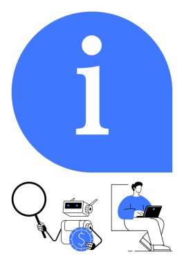 Mavi konuşma balonunda i harfi, büyüteç, elektronik cüzdan, para, dizüstü bilgisayarı olan kişi. Bilgi, araştırma, teknoloji, dijital erişim araştırma finansmanı için ideal düz metafor