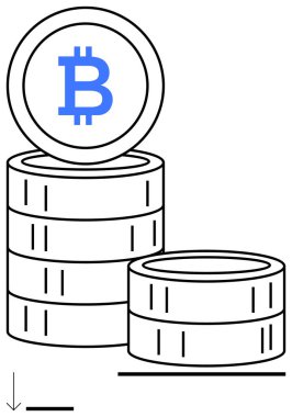 Yığılmış paraların üzerindeki Bitcoin sembolü kripto para, engelleme zinciri ekonomisi, finans, yatırım, tasarruf, dijital para birimi, çevrimiçi işlemler taşır. Fintech uygulamaları için ideal, engelleme zinciri şifreleme kılavuzu