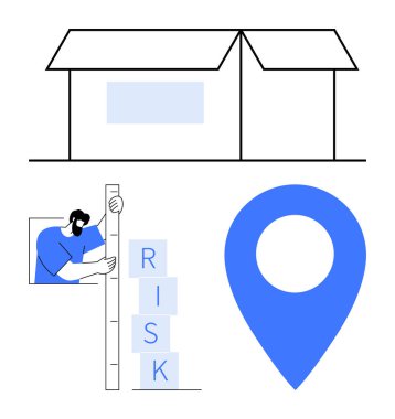Bina yapısı, risk bloklarını ölçen adam, mavi lokasyon iğnesi. Lojistik, risk yönetimi, güvenlik, iş stratejisi, planlama, basit iniş sayfalarını izlemek için ideal