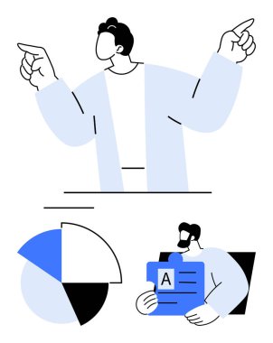 Profesyonel, dinamik el hareketleriyle bir sunum yapıyor, destekleyici unsurlar pasta grafiğini ve rapor formunu parmakla gösteriyor. İletişim, takım çalışması, veri, liderlik, planlama, strateji için ideal