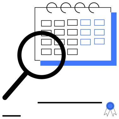 Takvimin üzerindeki büyüteç, soruşturmayı, zamanlamayı, teslim tarihlerini sembolize ediyor. Zaman yönetimi, etkinlik planlaması, organizasyon, üretkenlik, hassasiyet analizi için ideal basit bir iniş sayfası