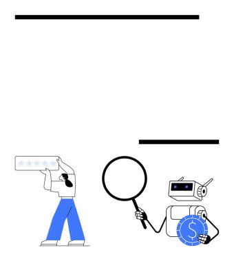 Robot asistanı ekonomik verileri incelerken, müşteri hizmetleri temsilcisi yıldız değerlendirmelerini yönetiyor. Teknoloji, yapay zeka, fintech, müşteri desteği, veri analizi, otomasyon için ideal