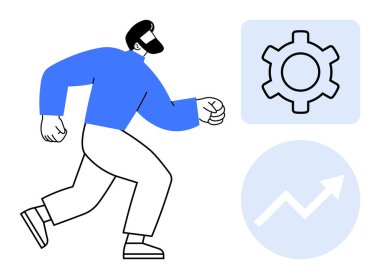 Gelişmeyi, verimliliği, başarıyı ve yeniliği vurgulayan dişli ve büyüme okunun yanında hareket eden adam. İlerleme, liderlik, motivasyon, büyüme, takım çalışması için ideal basit bir iniş