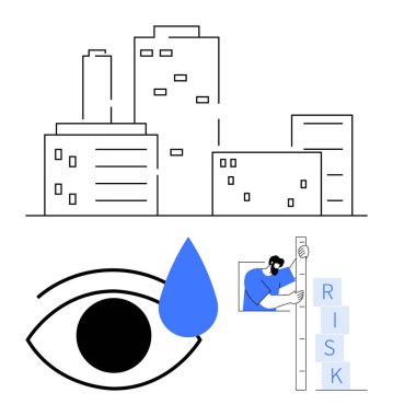 Şehir binaları, gözyaşı döken insan gözü, RISK etiketli istiflenmiş blokları dengeleyen adam. Risk yönetimi için ideal, duygusal refah, iş stratejisi, kurumsal sorumluluk, zihinsel sağlık, kentsel