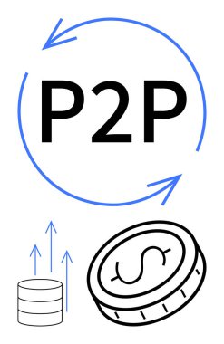 Dairesel oklu P2P konsepti, para yığını, ve dijital ödemeyi, transferi, çevrimiçi bankacılığı ve merkezi olmayan işlemleri sembolize eden dolar parası. Fintech, engelleme zinciri, kripto para birimi için ideal