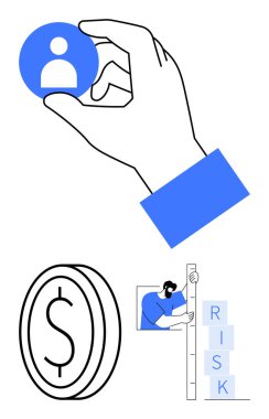 El ele tutuşan kullanıcı simgesi, dolar para sembolü, RISK etiketli figür ölçüm blokları. Yönetim, işe alım, finans, risk analizi, iş stratejisi, asgari tasarım sade iniş sayfası için ideal