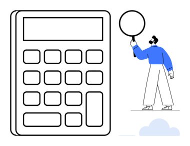 Analiz için büyüteç tutan adamın olduğu büyük bir hesap makinesi. Finans, veri, denetleme, eğitim, sorun çözme, araştırma, bütçe, basit iniş sayfası için ideal