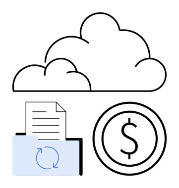 İçinde senkronize belge ve dolar parası olan bir bulut. Bulut depolama, veri aktarımı, dosya eşzamanlama, maliyet yönetimi, dijital finans, SaaS, basit iniş sayfası