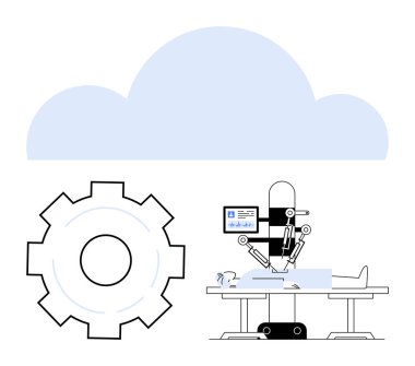 Cerrah robot hastayı hassas aletlerle ameliyat ediyor. Bulut teknolojisi ve viteslerle destekleniyor. Sağlık, robot bilimi, yapay zeka, otomasyon, bulut hesaplama, hassas araçlar, basit iniş sayfası için ideal