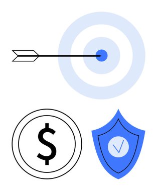 Ok delici hedef, dolar parası ve işaretli kalkan doğruluğu, finansal hedefleri, güveni, başarıyı, güvenliği, strateji yatırımını sembolize ediyor. Ticari koruma için ideal