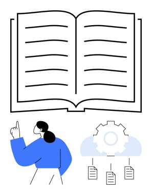 Metin satırları olan açık bir kitap, yukarı bakan bir kadın, bir bulutun içindeki vites ve veri belgeleri. Eğitim, öğrenme, yönetim, teknoloji araştırma analiz organizasyonu için idealdir. Düz basit