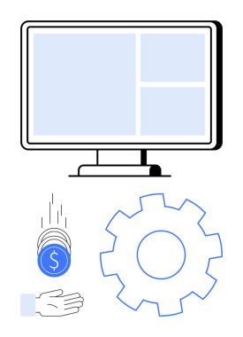 Arayüz düzenine sahip monitör, ele düşen paralar ve otomasyonu sembolize eden bir vites. Fintech, dijital ekonomi, çevrimiçi ödeme, iş verimliliği, finans araçları, teknoloji için ideal